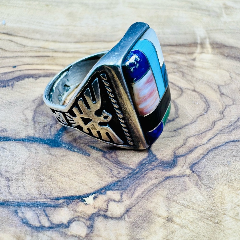 Antique Zuni MOP Turquoise Jasper Carnelian Lapis Malachite IObsidian Ring - Picture 1 of 8
